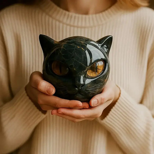 Black cat head sculpture - black,